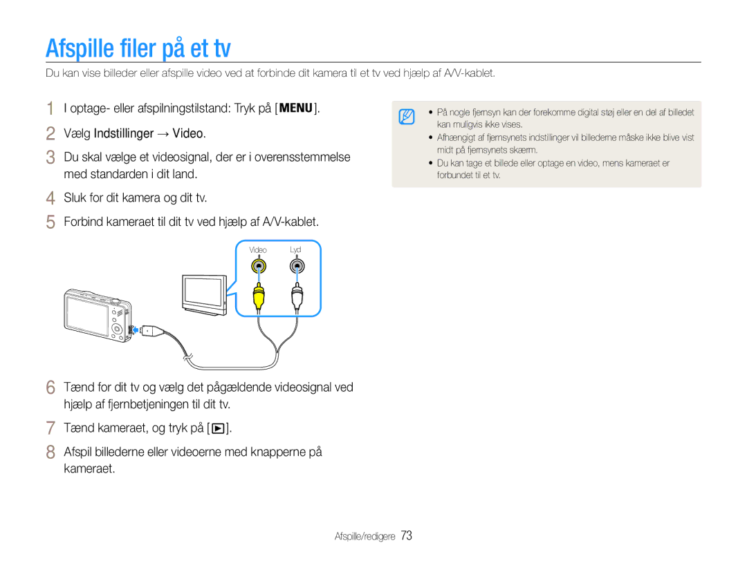 Samsung EC-ST90ZZBPRE2 manual Afspille filer på et tv, Kameraet, Afspil billederne eller videoerne med knapperne på 