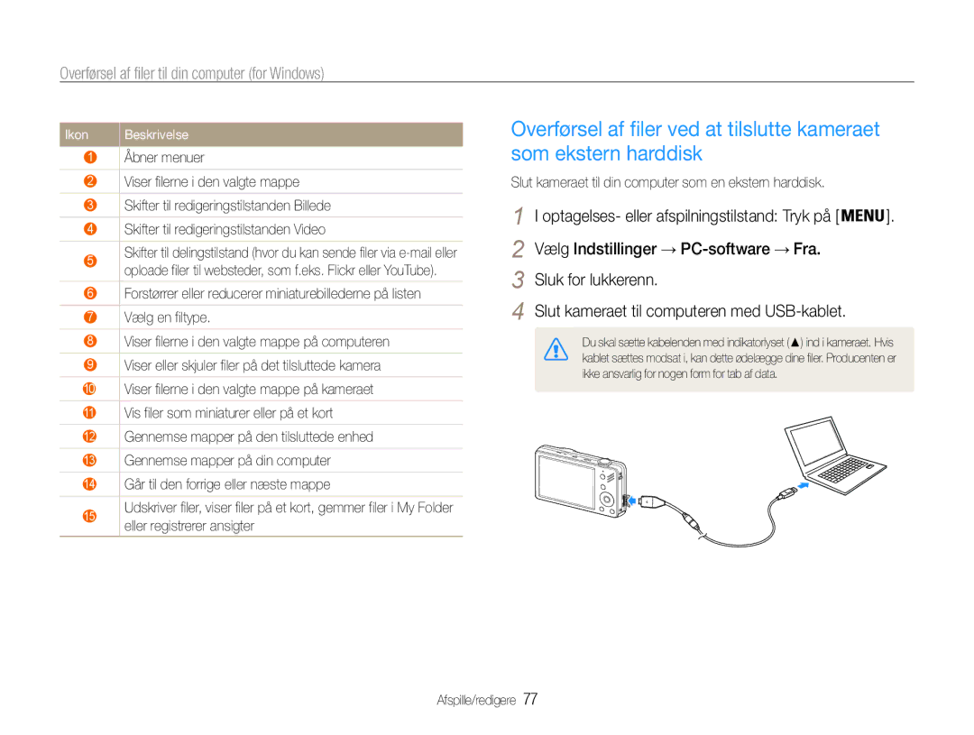 Samsung EC-ST90ZZBPUE2, EC-ST90ZZBPSE2, EC-ST90ZZBPRE2 manual Vælg Indstillinger → PC-software → Fra Sluk for lukkerenn 