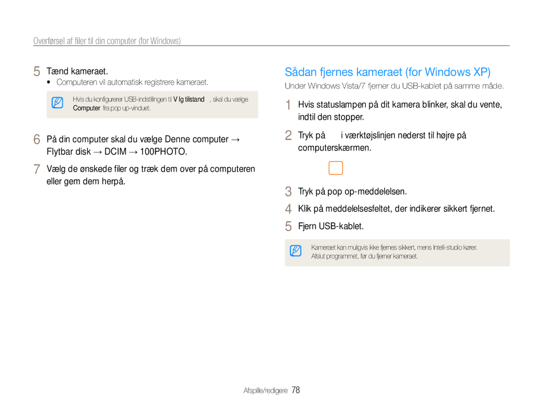 Samsung EC-ST90ZZBPSE2, EC-ST90ZZBPUE2, EC-ST90ZZBPRE2 manual Sådan fjernes kameraet for Windows XP, Fjern USB-kablet 