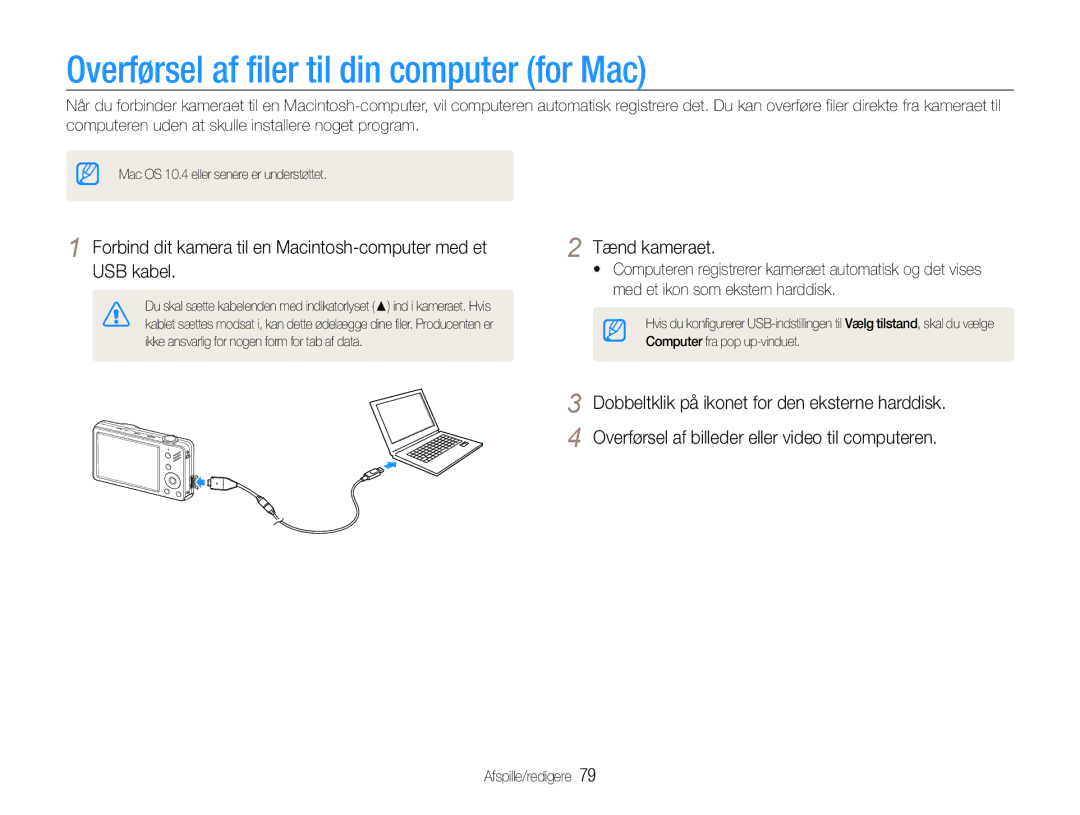 Samsung EC-ST90ZZBPRE2, EC-ST90ZZBPUE2, EC-ST90ZZBPSE2 manual Overførsel af filer til din computer for Mac 