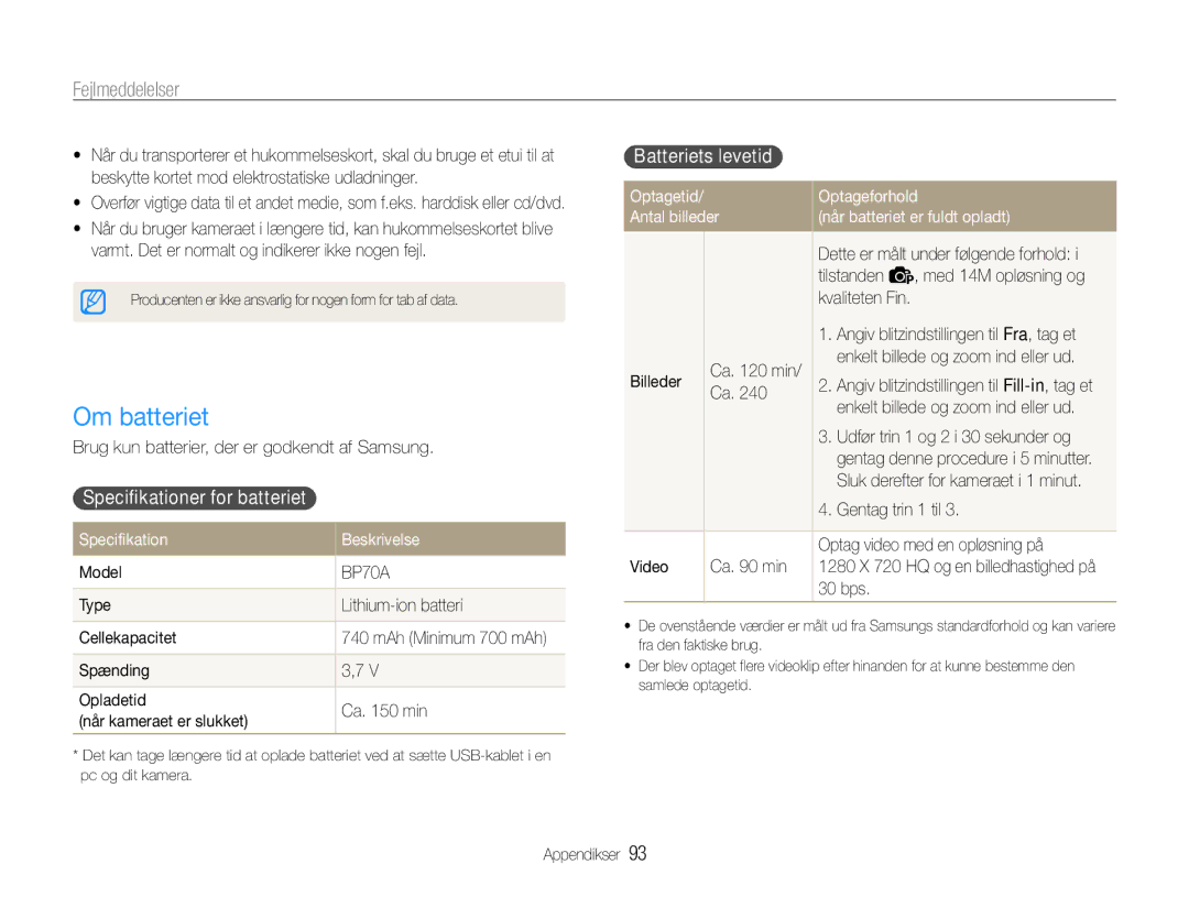 Samsung EC-ST90ZZBPSE2, EC-ST90ZZBPUE2, EC-ST90ZZBPRE2 manual Om batteriet, Specifikationer for batteriet, Batteriets levetid 