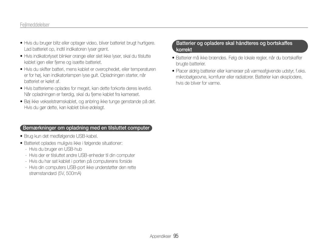 Samsung EC-ST90ZZBPUE2, EC-ST90ZZBPSE2 manual Bemærkninger om opladning med en tilsluttet computer, Strømstandard 5V, 500mA 