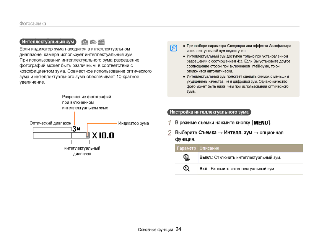 Samsung EC-ST93ZZBPSE2, EC-ST93ZZBPBE2, EC-ST93ZZBPRE2 manual Функция, Интеллектуальный зум, Настройка интеллектуального зума 