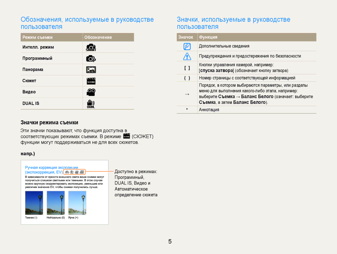 Samsung EC-ST93ZZBPSRU, EC-ST93ZZBPBE2 Обозначения, используемые в руководстве пользователя, Значки режима съемки, Напр 