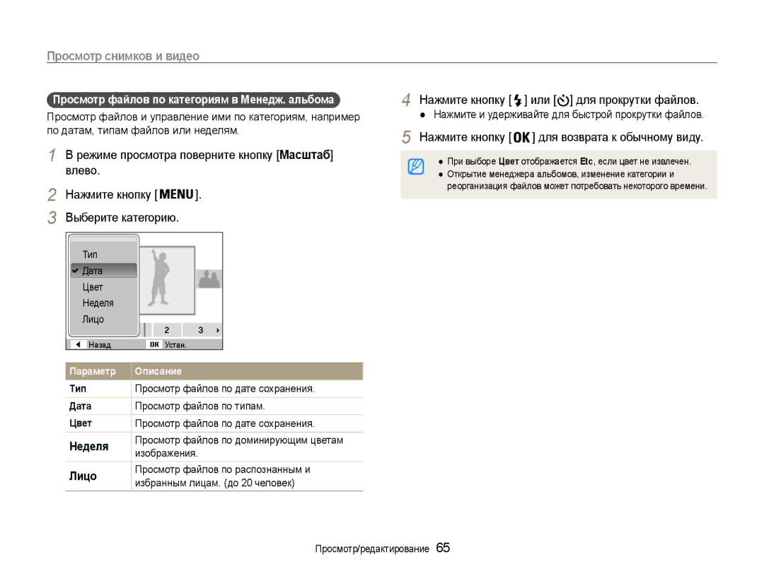 Samsung EC-ST93ZZBPRE2 Нажмите кнопку или для прокрутки файлов, Нажмите кнопку для возврата к обычному виду, Неделя, Лицо 