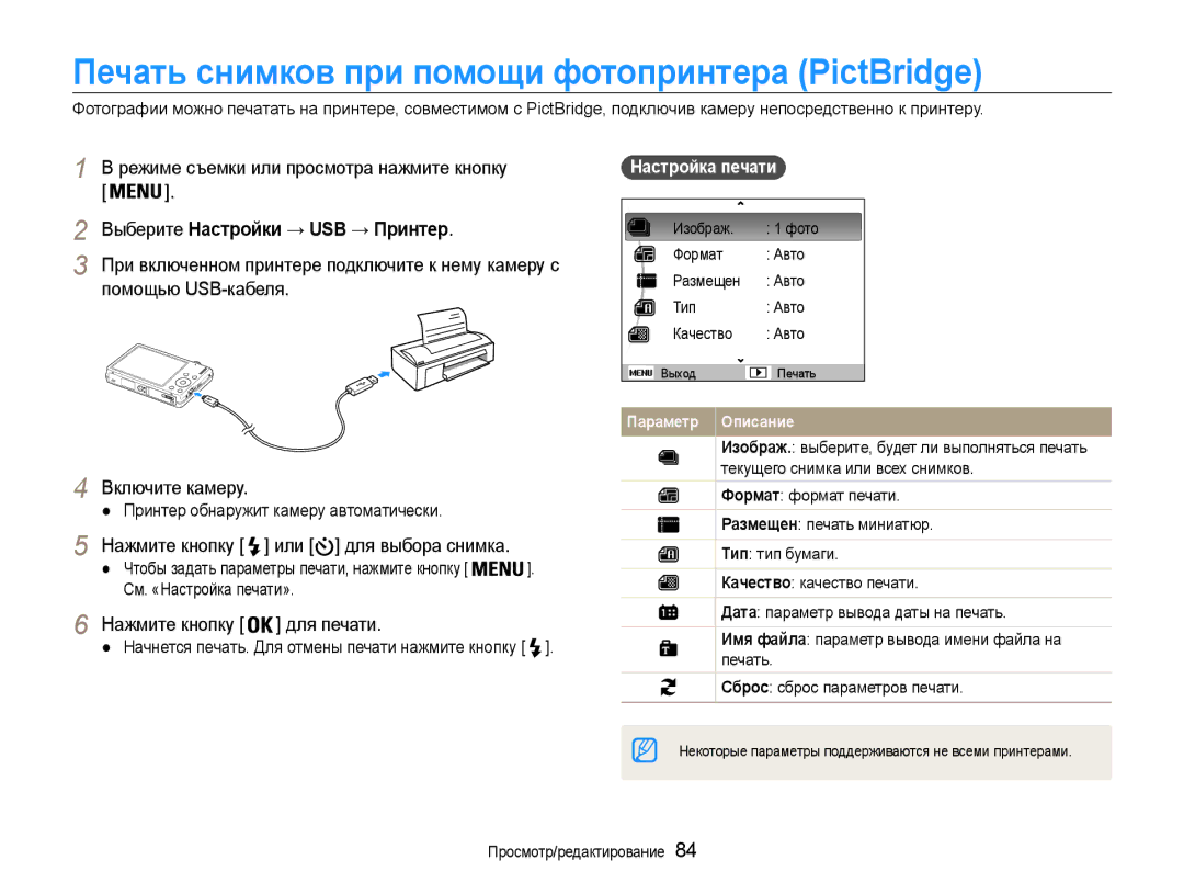 Samsung EC-ST94ZZBCRRU manual Печать снимков при помощи фотопринтера PictBridge, Выберите Настройки → USB → Принтер 