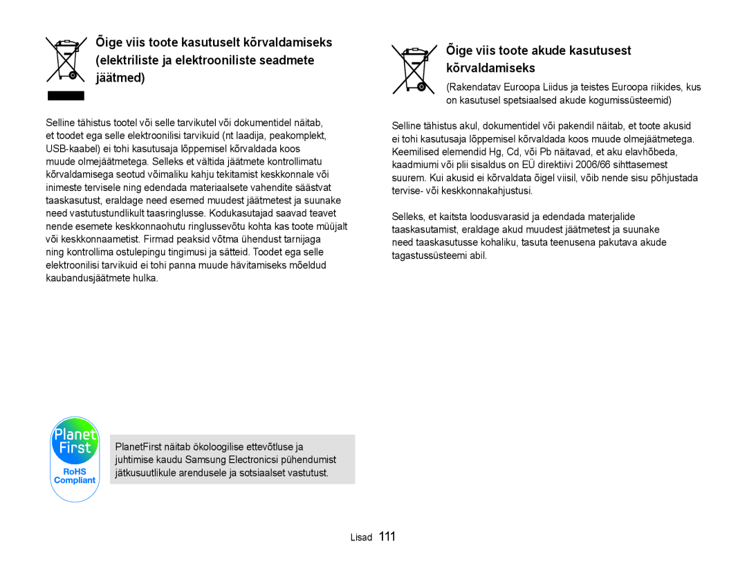 Samsung EC-ST93ZZBPSE2, EC-ST93ZZBPBE2, EC-ST93ZZBPRE2 manual Õige viis toote akude kasutusest kõrvaldamiseks 