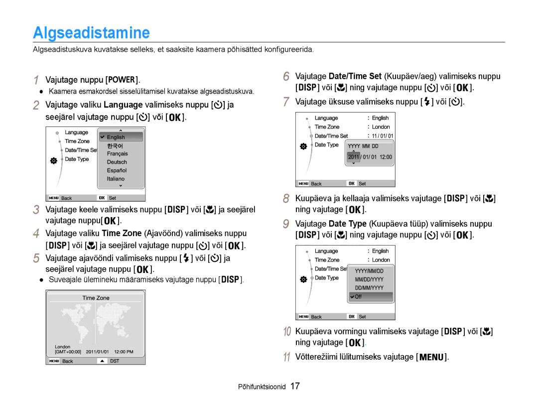 Samsung EC-ST93ZZBPBE2, EC-ST93ZZBPSE2 manual Algseadistamine, Vajutage nuppu, Või, Võtterežiimi lülitumiseks vajutage 