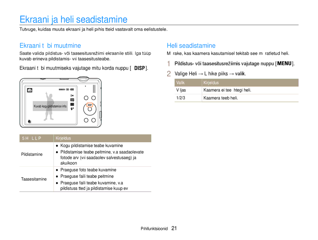 Samsung EC-ST93ZZBPSE2, EC-ST93ZZBPBE2 manual Ekraani ja heli seadistamine, Ekraani tüübi muutmine, Heli seadistamine 