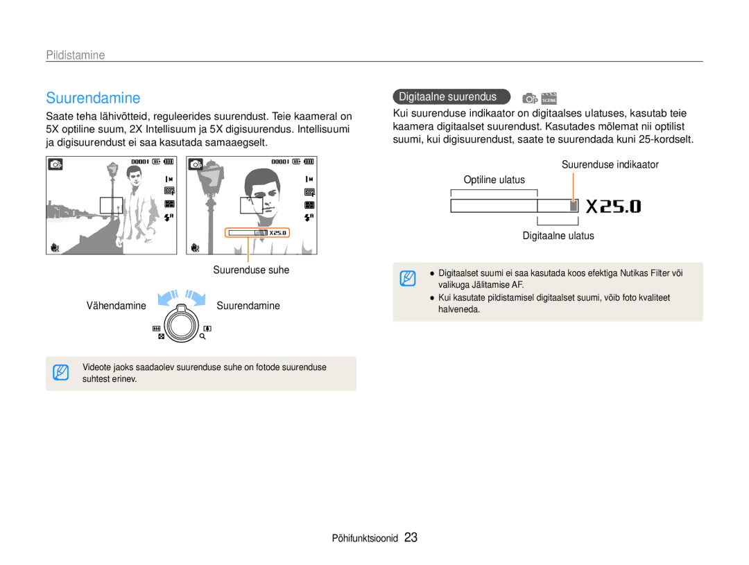 Samsung EC-ST93ZZBPBE2, EC-ST93ZZBPSE2 Pildistamine, Suurenduse suhe Vähendamine Suurendamine, Digitaalne suurendus 