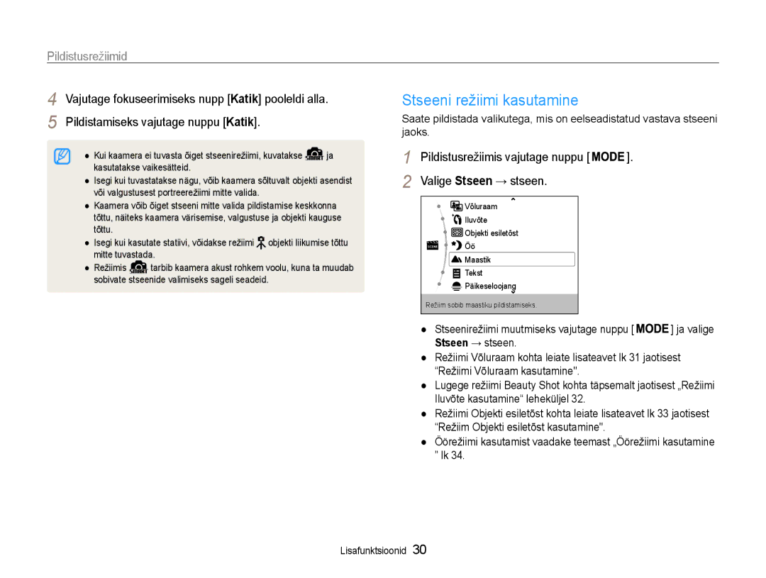 Samsung EC-ST93ZZBPSE2, EC-ST93ZZBPBE2 manual Stseeni režiimi kasutamine, Pildistusrežiimid, Valige Stseen → stseen 