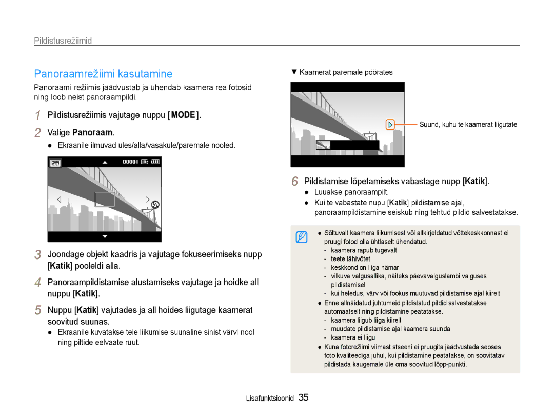 Samsung EC-ST93ZZBPBE2 manual Panoraamrežiimi kasutamine, Valige Panoraam, Pildistamise lõpetamiseks vabastage nupp Katik 