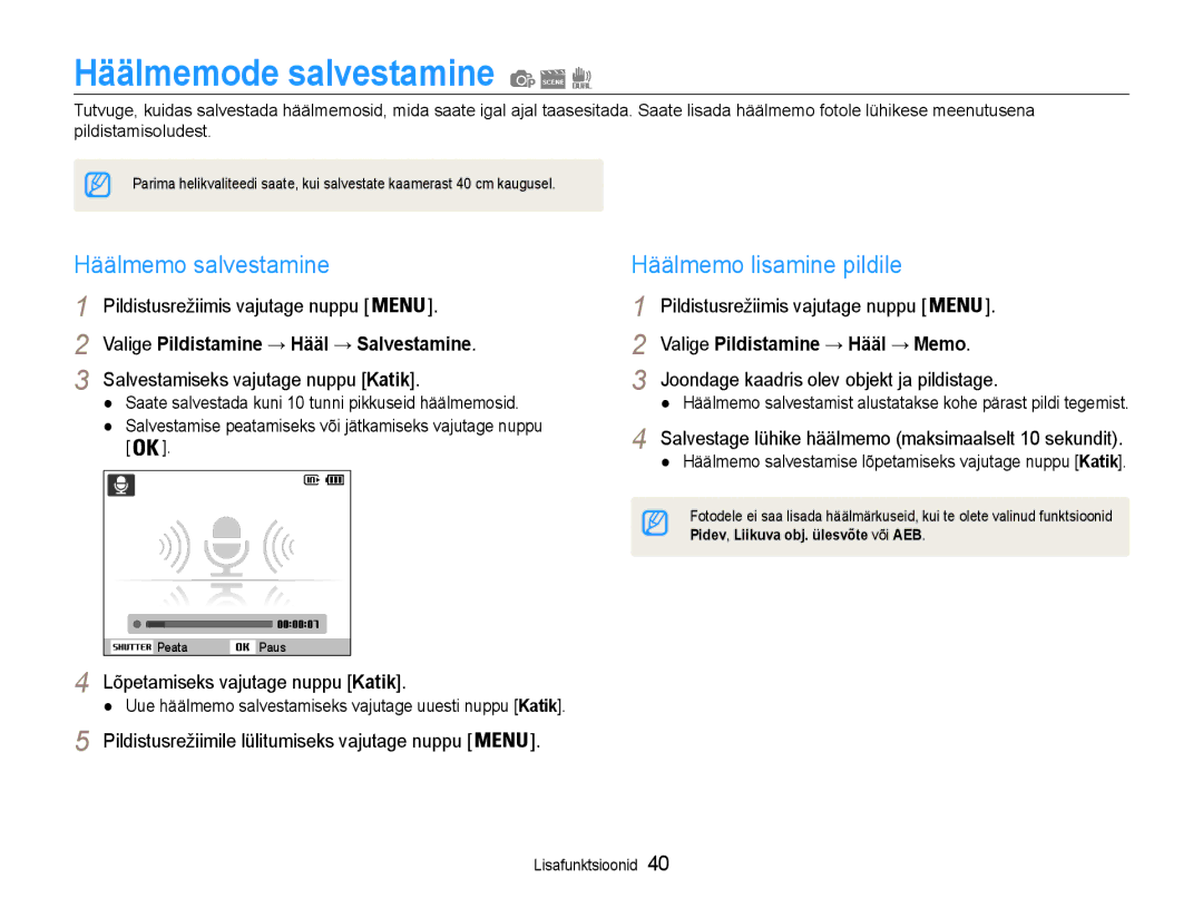 Samsung EC-ST93ZZBPRE2, EC-ST93ZZBPBE2 manual Häälmemode salvestamine, Häälmemo salvestamine, Häälmemo lisamine pildile 