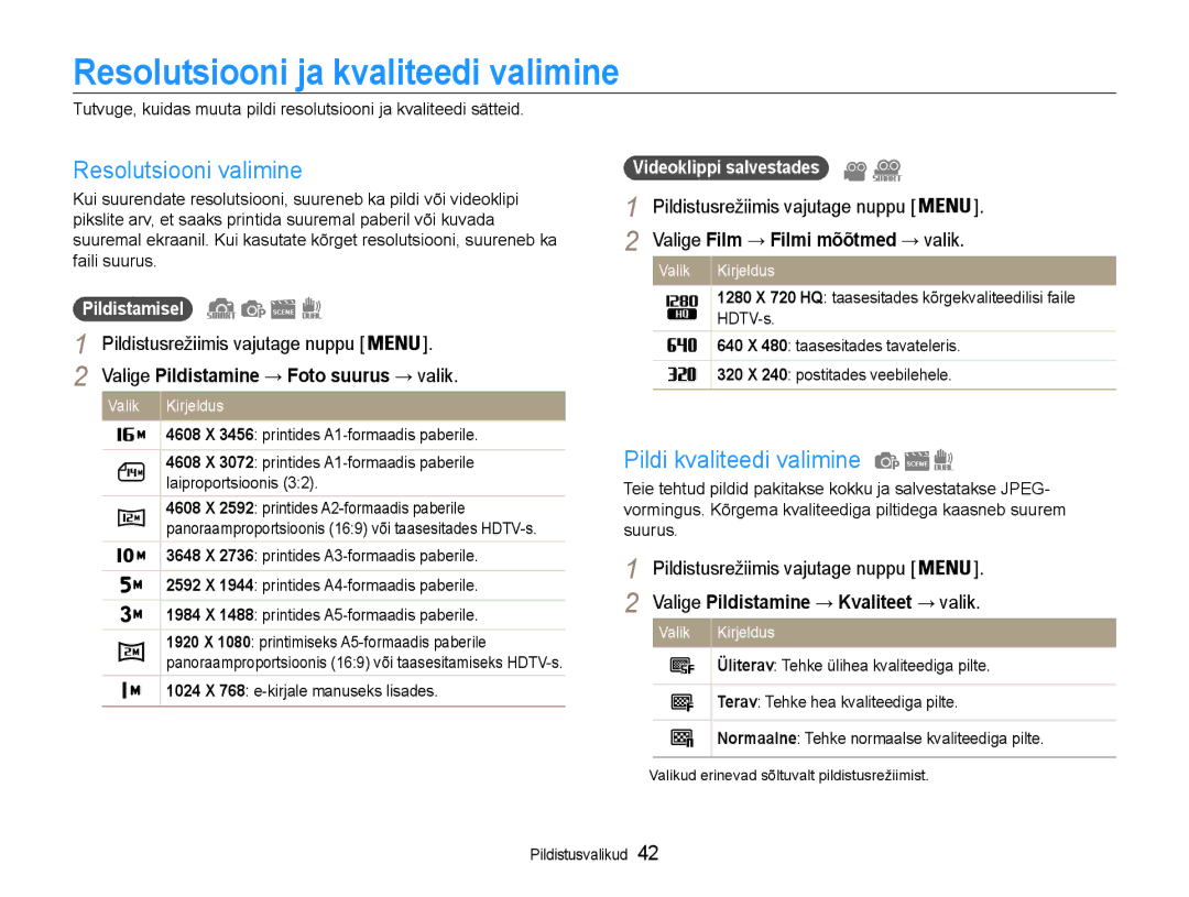 Samsung EC-ST93ZZBPSE2 manual Resolutsiooni ja kvaliteedi valimine, Resolutsiooni valimine, Pildi kvaliteedi valimine 