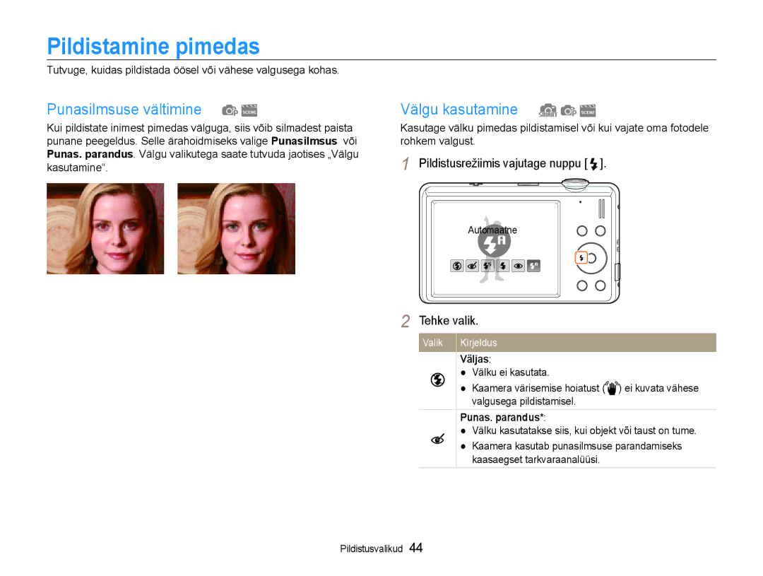 Samsung EC-ST93ZZBPBE2 manual Pildistamine pimedas, Punasilmsuse vältimine, Välgu kasutamine, Väljas, Punas. parandus 