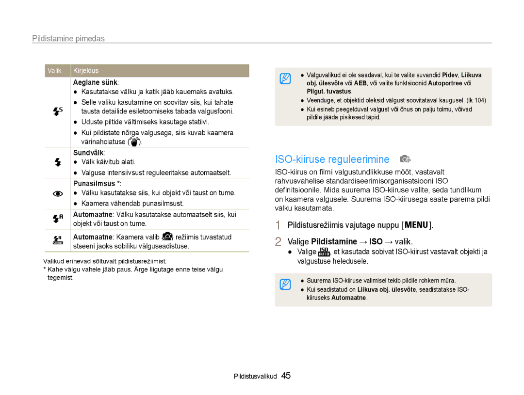 Samsung EC-ST93ZZBPSE2 manual ISO-kiiruse reguleerimine, Pildistamine pimedas, Aeglane sünk, Sundvälk, Punasilmsus 