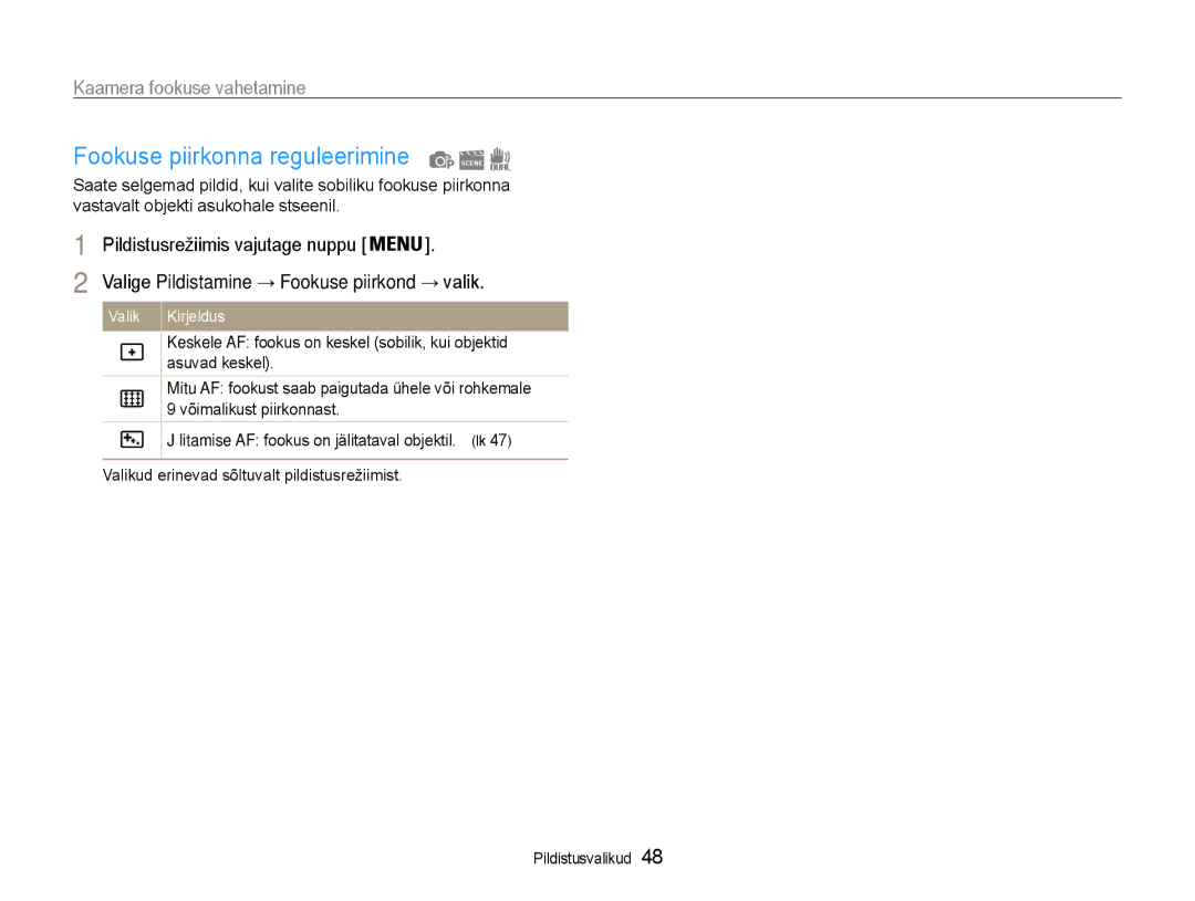 Samsung EC-ST93ZZBPSE2, EC-ST93ZZBPBE2 Fookuse piirkonna reguleerimine, Valige Pildistamine → Fookuse piirkond → valik 