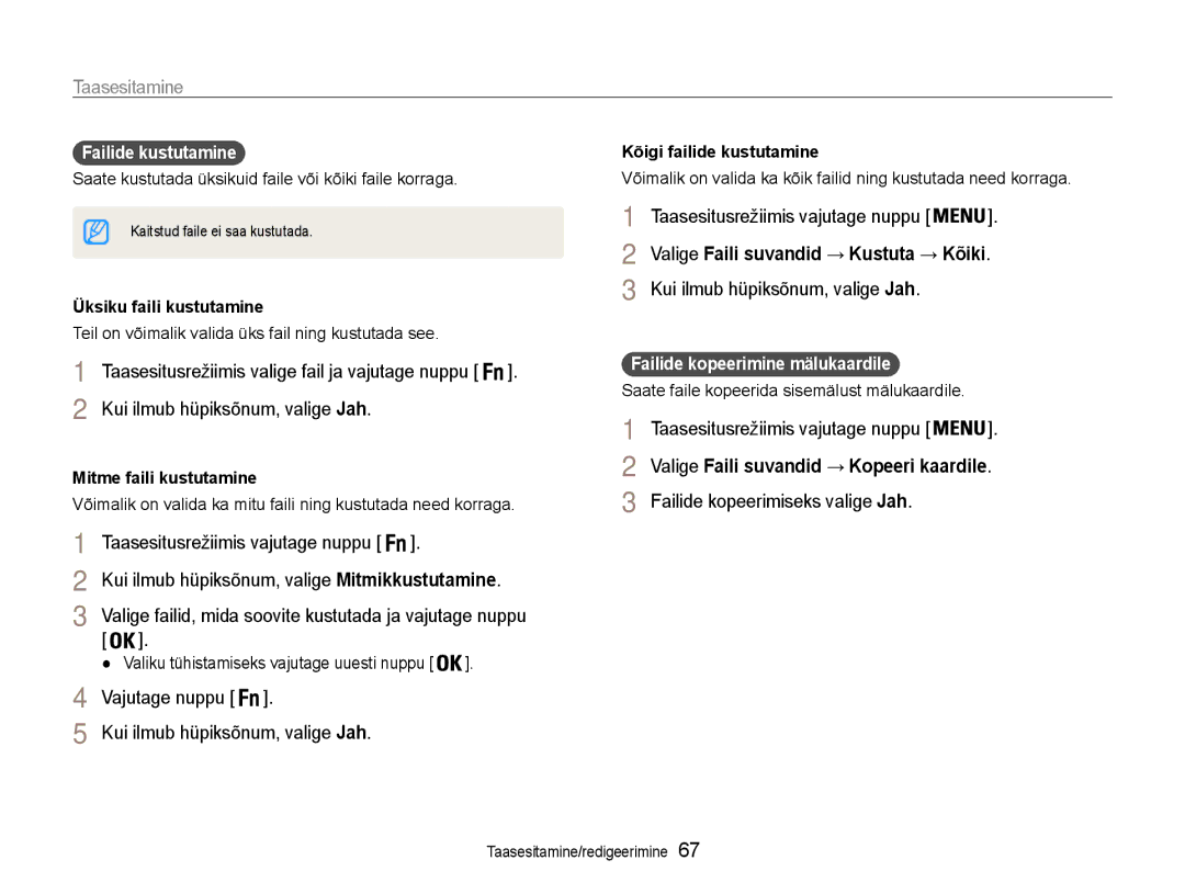 Samsung EC-ST93ZZBPRE2 manual Kui ilmub hüpiksõnum, valige Jah, Failide kopeerimiseks valige Jah, Kõigi failide kustutamine 