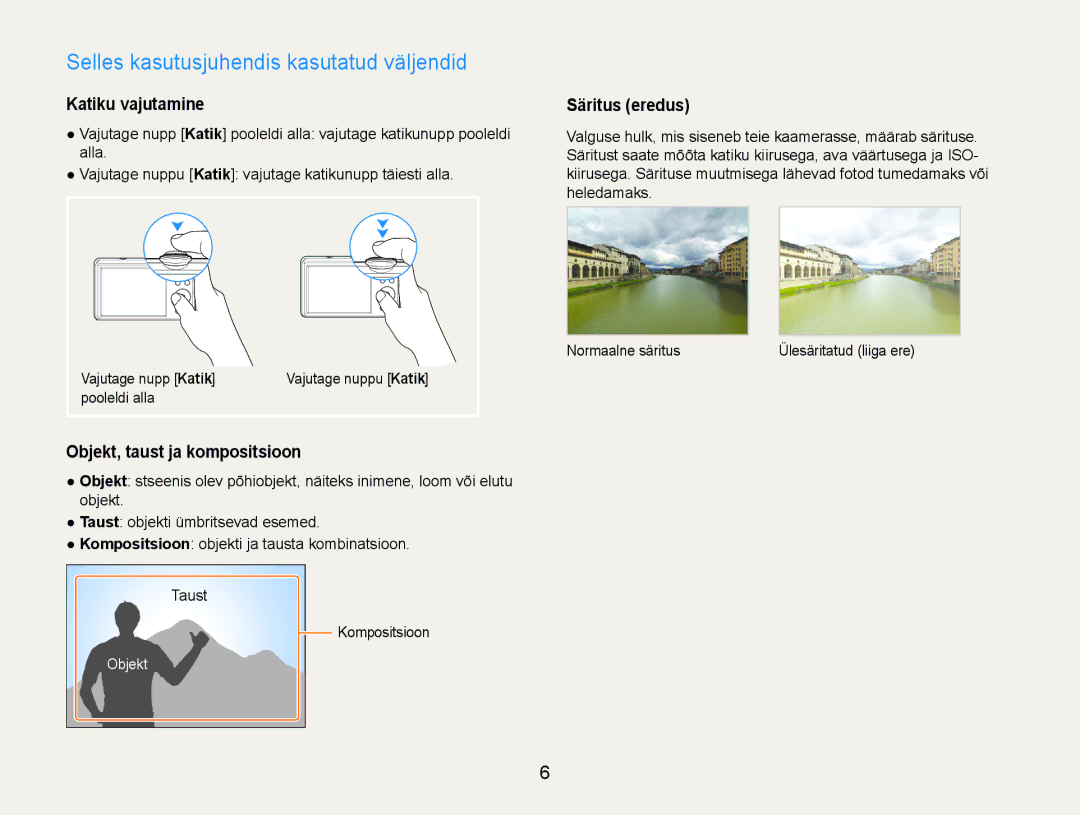 Samsung EC-ST93ZZBPSE2 manual Selles kasutusjuhendis kasutatud väljendid, Katiku vajutamine, Objekt, taust ja kompositsioon 