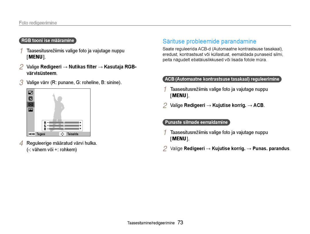 Samsung EC-ST93ZZBPRE2 manual Särituse probleemide parandamine, Värvisüsteem, Valige Redigeeri → Kujutise korrig. → ACB 