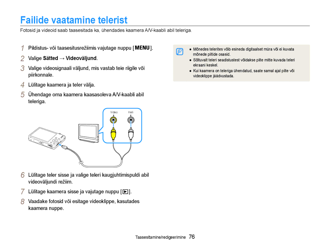 Samsung EC-ST93ZZBPRE2, EC-ST93ZZBPBE2, EC-ST93ZZBPSE2 manual Failide vaatamine telerist, Valige Sätted → Videoväljund 