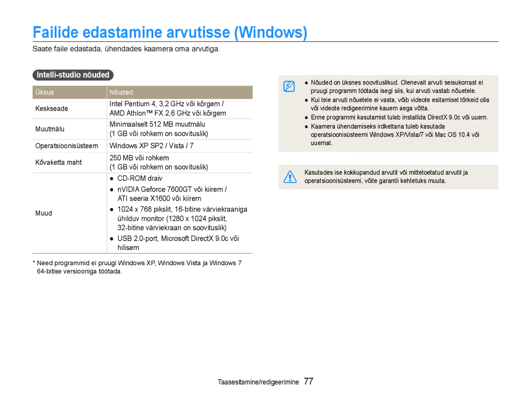 Samsung EC-ST93ZZBPBE2, EC-ST93ZZBPSE2, EC-ST93ZZBPRE2 manual Failide edastamine arvutisse Windows, Intelli-studio nõuded 