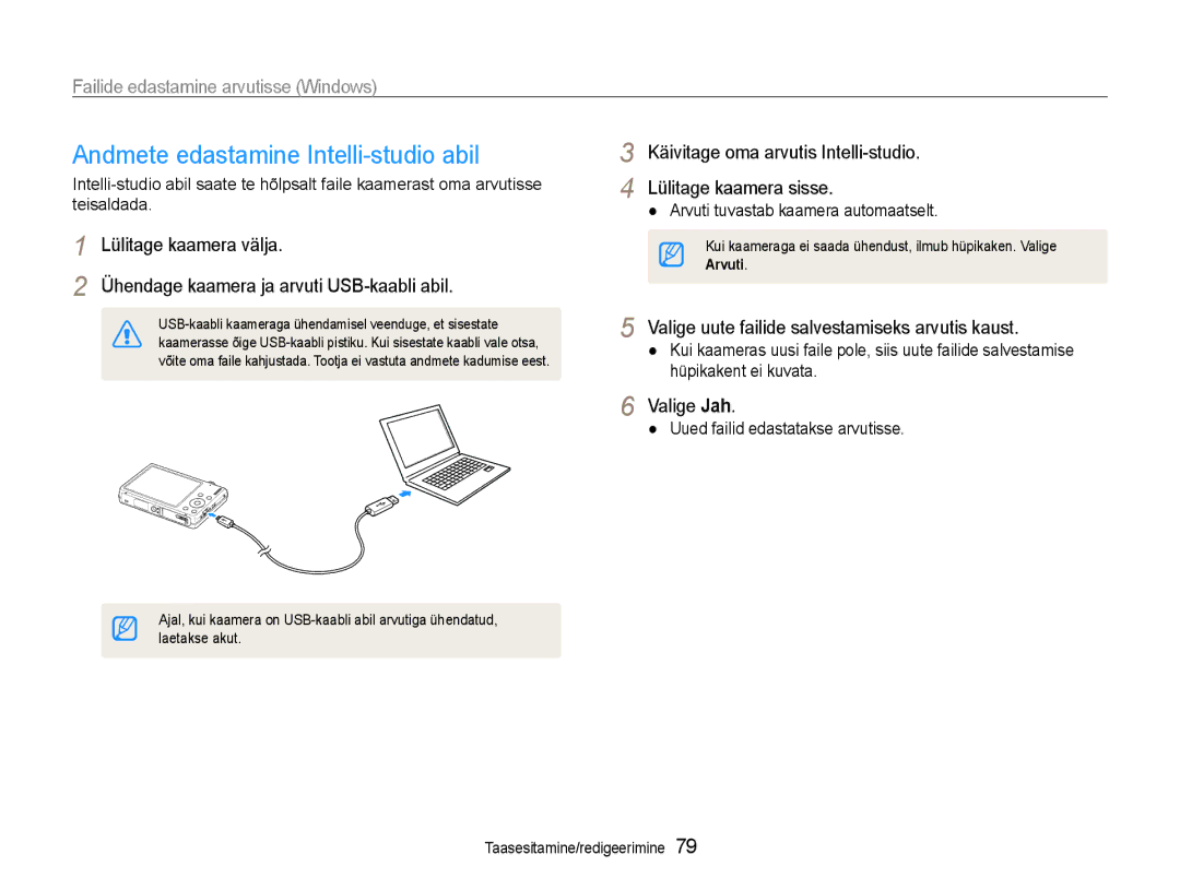 Samsung EC-ST93ZZBPRE2 Andmete edastamine Intelli-studio abil, Käivitage oma arvutis Intelli-studio Lülitage kaamera sisse 