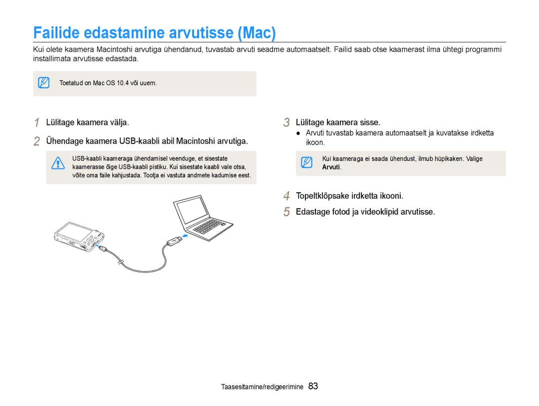 Samsung EC-ST93ZZBPBE2, EC-ST93ZZBPSE2, EC-ST93ZZBPRE2 manual Failide edastamine arvutisse Mac 