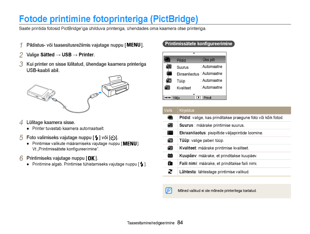 Samsung EC-ST93ZZBPSE2, EC-ST93ZZBPBE2 manual Fotode printimine fotoprinteriga PictBridge, Valige Sätted → USB → Printer 