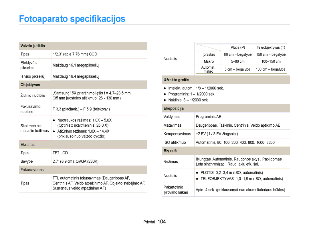 Samsung EC-ST93ZZBPBE2, EC-ST93ZZBPSE2, EC-ST93ZZBPRE2 manual Fotoaparato specifikacijos 