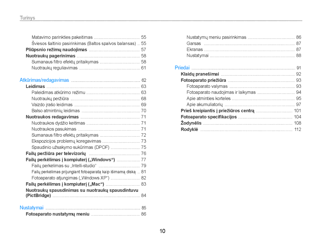 Samsung EC-ST93ZZBPRE2, EC-ST93ZZBPBE2, EC-ST93ZZBPSE2 manual Turinys, Nustatymų meniu pasirinkimas 