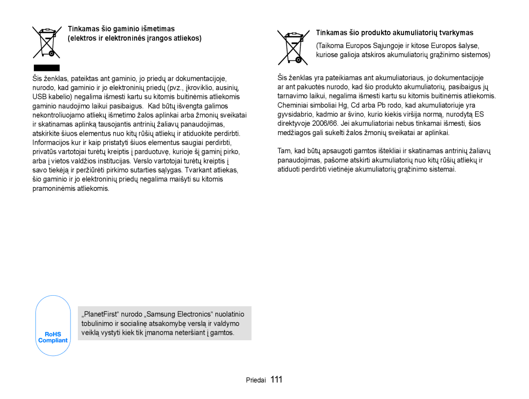 Samsung EC-ST93ZZBPSE2, EC-ST93ZZBPBE2, EC-ST93ZZBPRE2 manual Tinkamas šio produkto akumuliatorių tvarkymas 