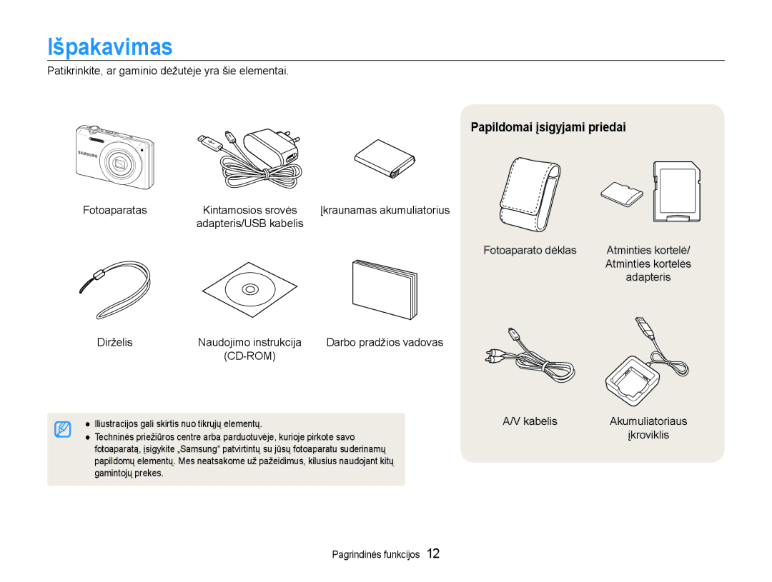 Samsung EC-ST93ZZBPSE2, EC-ST93ZZBPBE2, EC-ST93ZZBPRE2 manual Išpakavimas, Papildomai įsigyjami priedai 