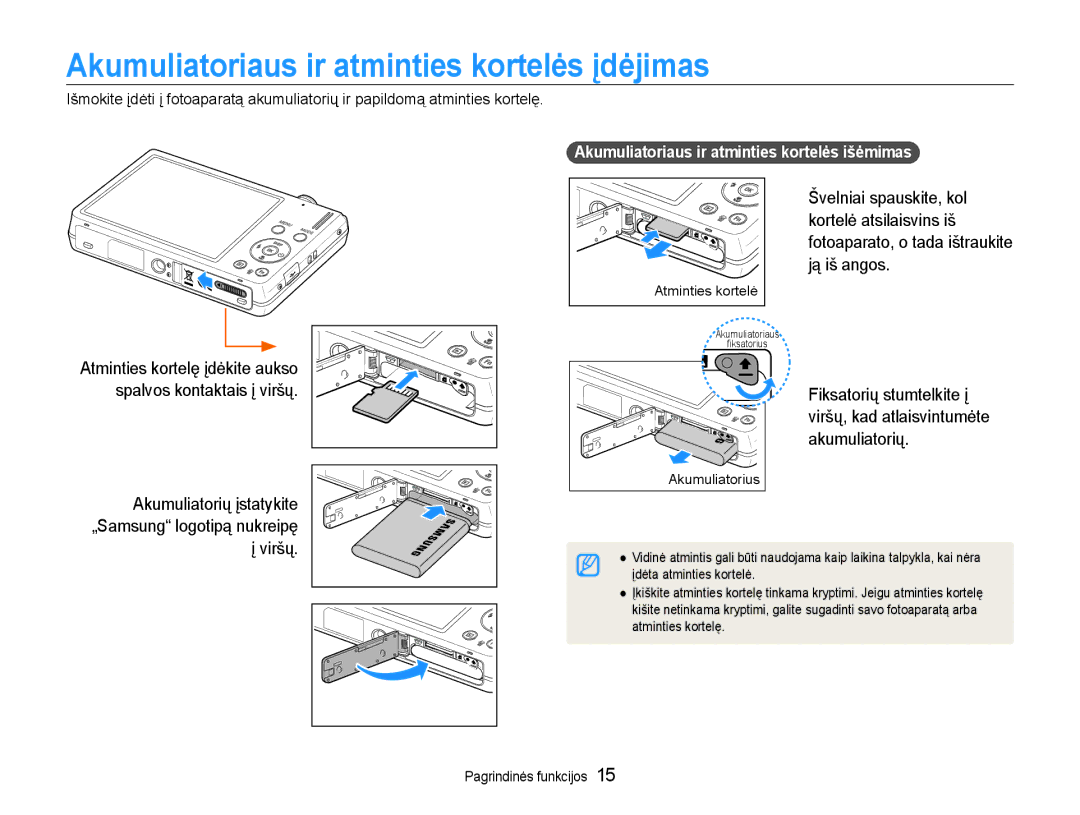 Samsung EC-ST93ZZBPSE2 Akumuliatoriaus ir atminties kortelės įdėjimas, Akumuliatoriaus ir atminties kortelės išėmimas 