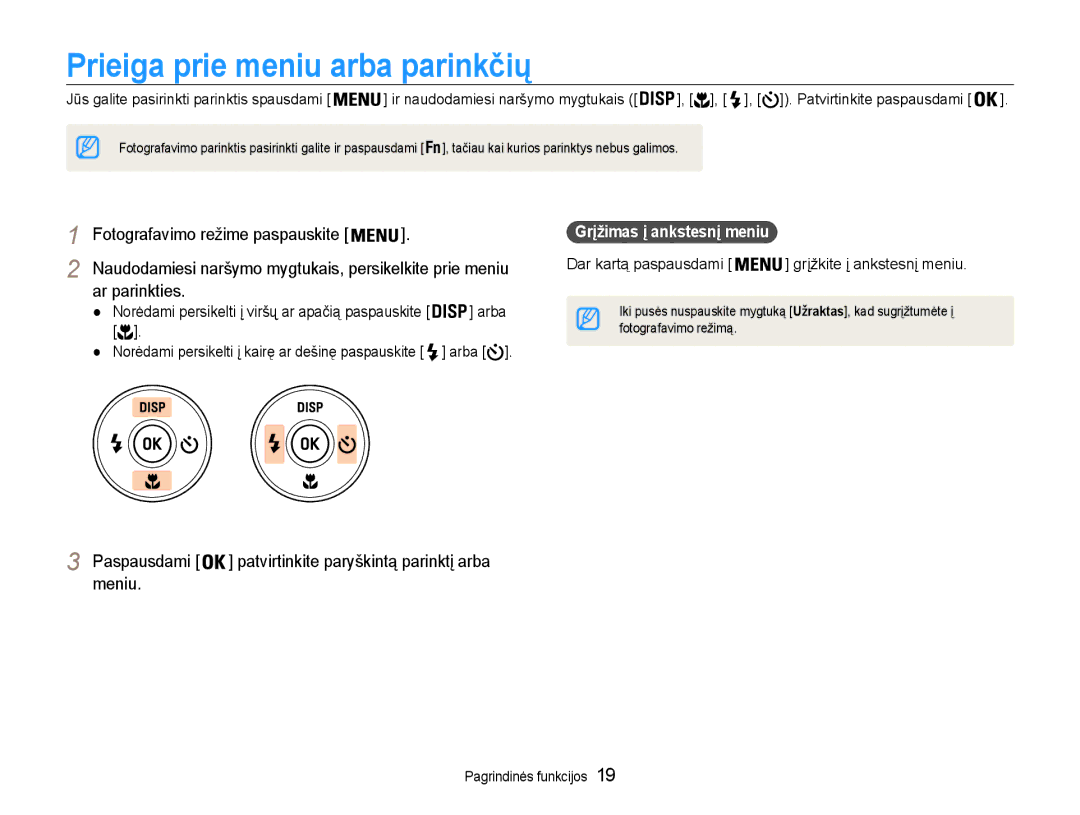 Samsung EC-ST93ZZBPRE2 Prieiga prie meniu arba parinkčių, Ar parinkties, Paspausdami, Meniu, Grįžimas į ankstesnį meniu 