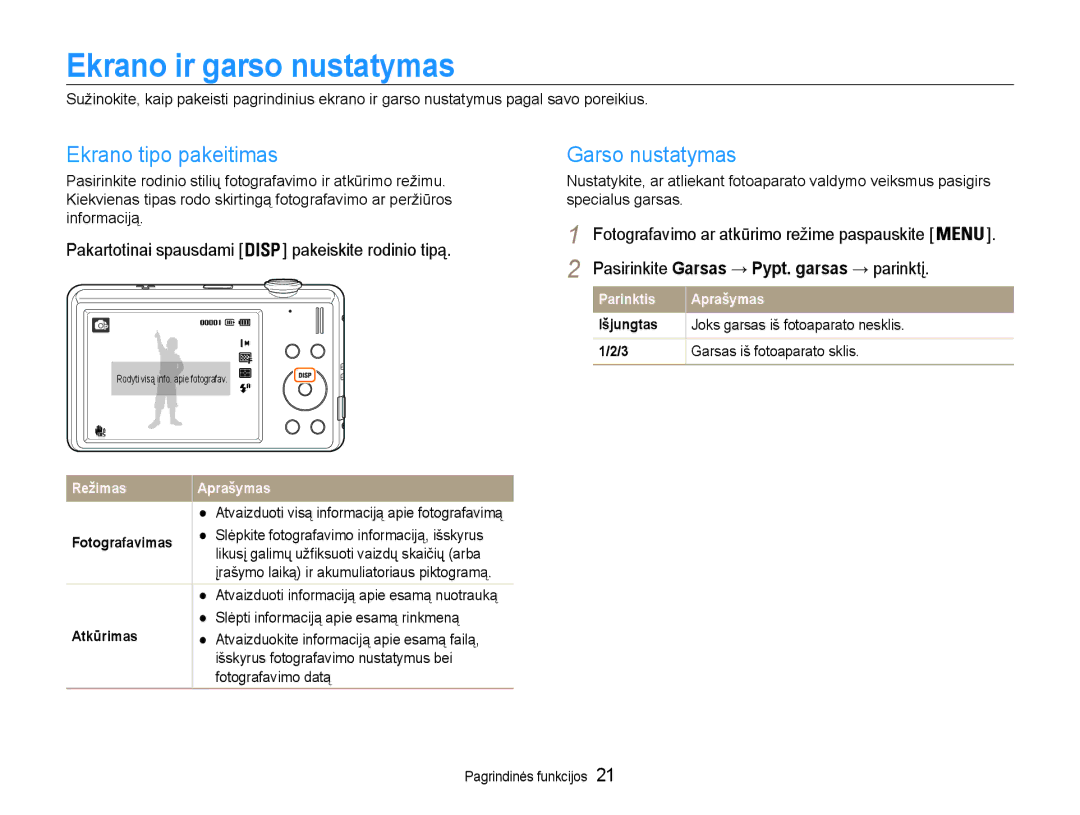 Samsung EC-ST93ZZBPSE2, EC-ST93ZZBPBE2, EC-ST93ZZBPRE2 Ekrano ir garso nustatymas, Ekrano tipo pakeitimas, Garso nustatymas 