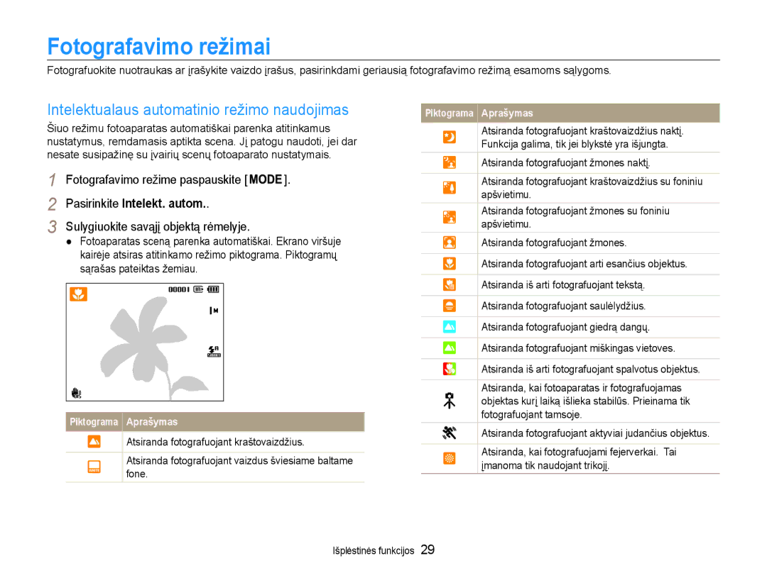 Samsung EC-ST93ZZBPBE2 Fotografavimo režimai, Intelektualaus automatinio režimo naudojimas, Pasirinkite Intelekt. autom 