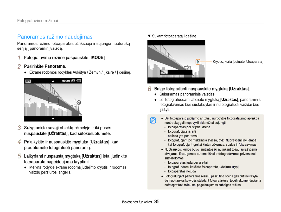 Samsung EC-ST93ZZBPBE2 Panoramos režimo naudojimas, Pasirinkite Panorama, Palaikykite ir nuspauskite mygtuką Užraktas, kad 