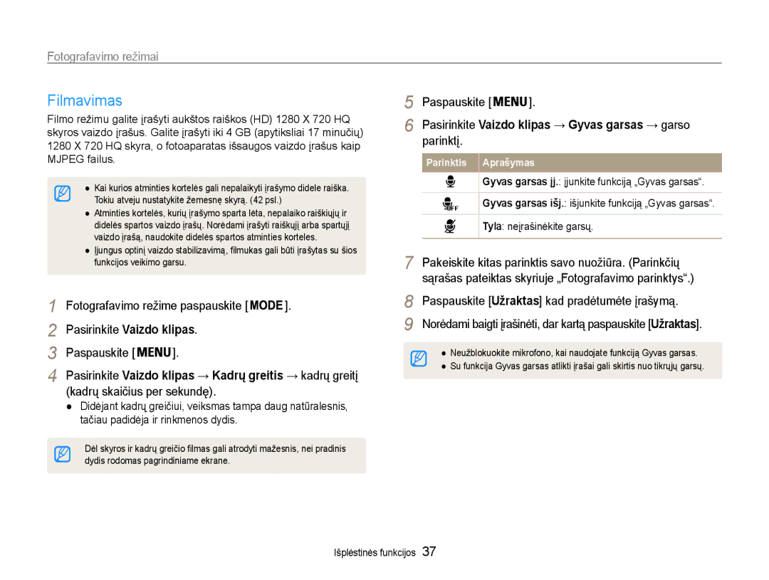 Samsung EC-ST93ZZBPRE2 Filmavimas, Kadrų skaičius per sekundę, Parinktį, Paspauskite Užraktas kad pradėtumėte įrašymą 