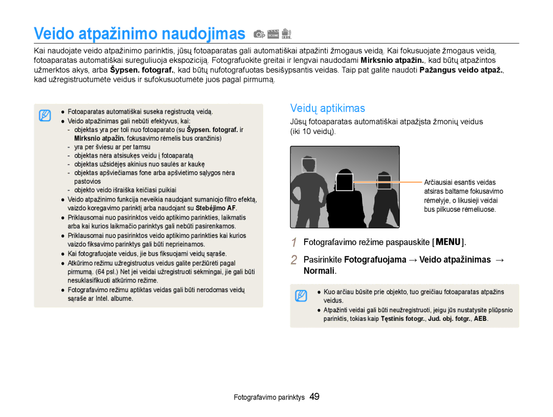 Samsung EC-ST93ZZBPRE2, EC-ST93ZZBPBE2, EC-ST93ZZBPSE2 manual Veido atpažinimo naudojimas, Veidų aptikimas, Normali 