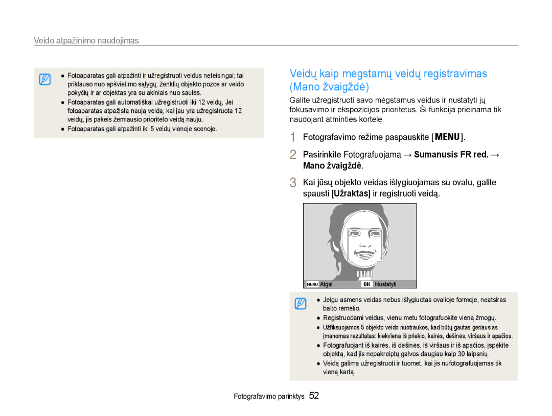 Samsung EC-ST93ZZBPRE2 manual Veidų kaip mėgstamų veidų registravimas Mano žvaigždė, Spausti Užraktas ir registruoti veidą 