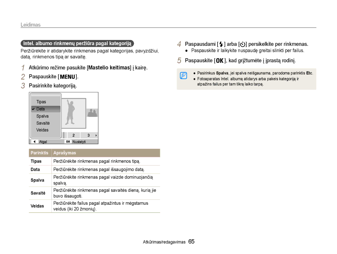 Samsung EC-ST93ZZBPBE2 manual Paspauskite Pasirinkite kategoriją, Intel. albumo rinkmenų peržiūra pagal kategoriją 