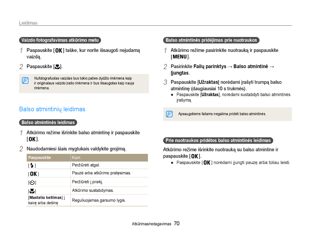 Samsung EC-ST93ZZBPRE2 Balso atmintinių leidimas, Vaizdą Paspauskite, Atkūrimo režime pasirinkite nuotrauką ir paspauskite 