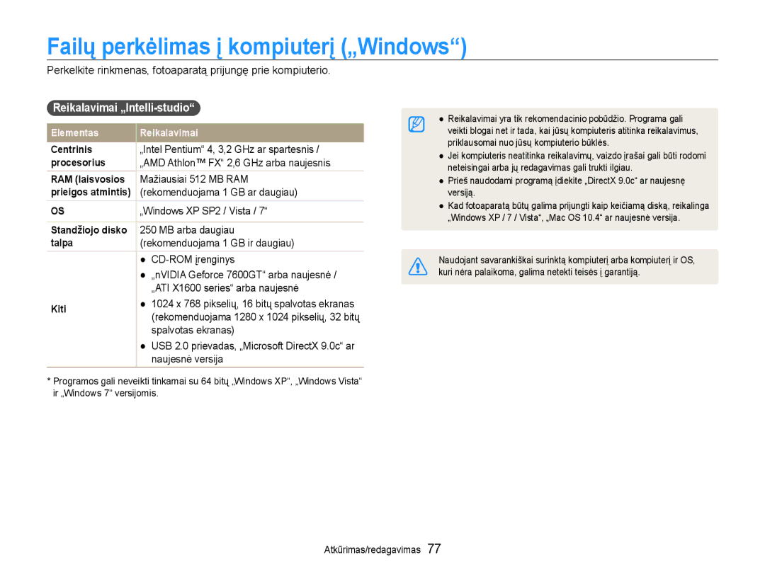 Samsung EC-ST93ZZBPBE2, EC-ST93ZZBPSE2, EC-ST93ZZBPRE2 Failų perkėlimas į kompiuterį „Windows, Reikalavimai „Intelli-studio 