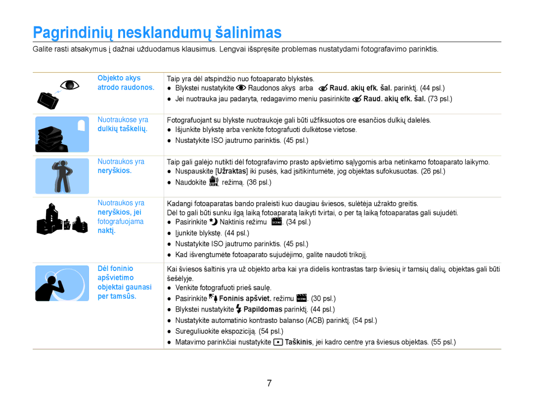 Samsung EC-ST93ZZBPRE2 manual Pagrindinių nesklandumų šalinimas, Raudonos akys arba Raud. akių efk. šal. parinktį psl 