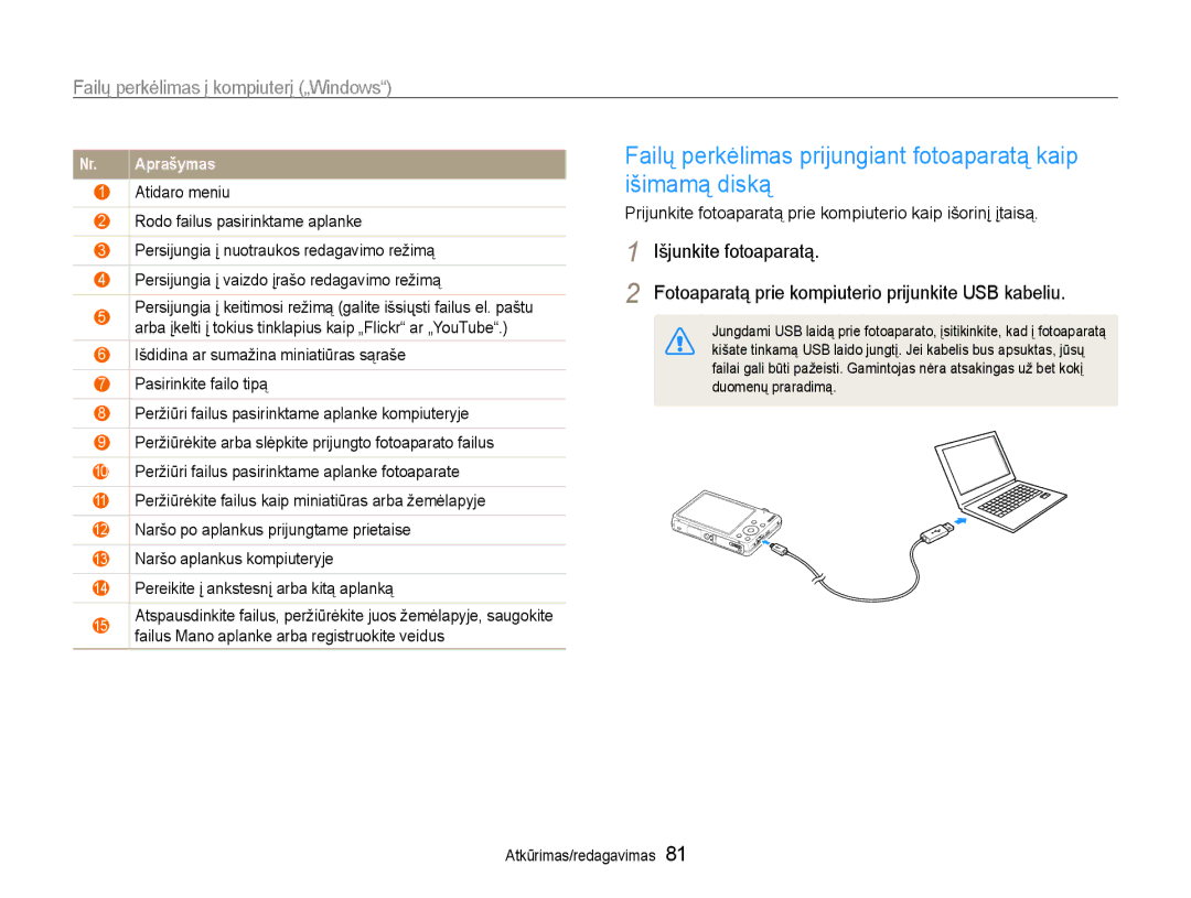 Samsung EC-ST93ZZBPSE2, EC-ST93ZZBPBE2, EC-ST93ZZBPRE2 manual Failų perkėlimas prijungiant fotoaparatą kaip išimamą diską 