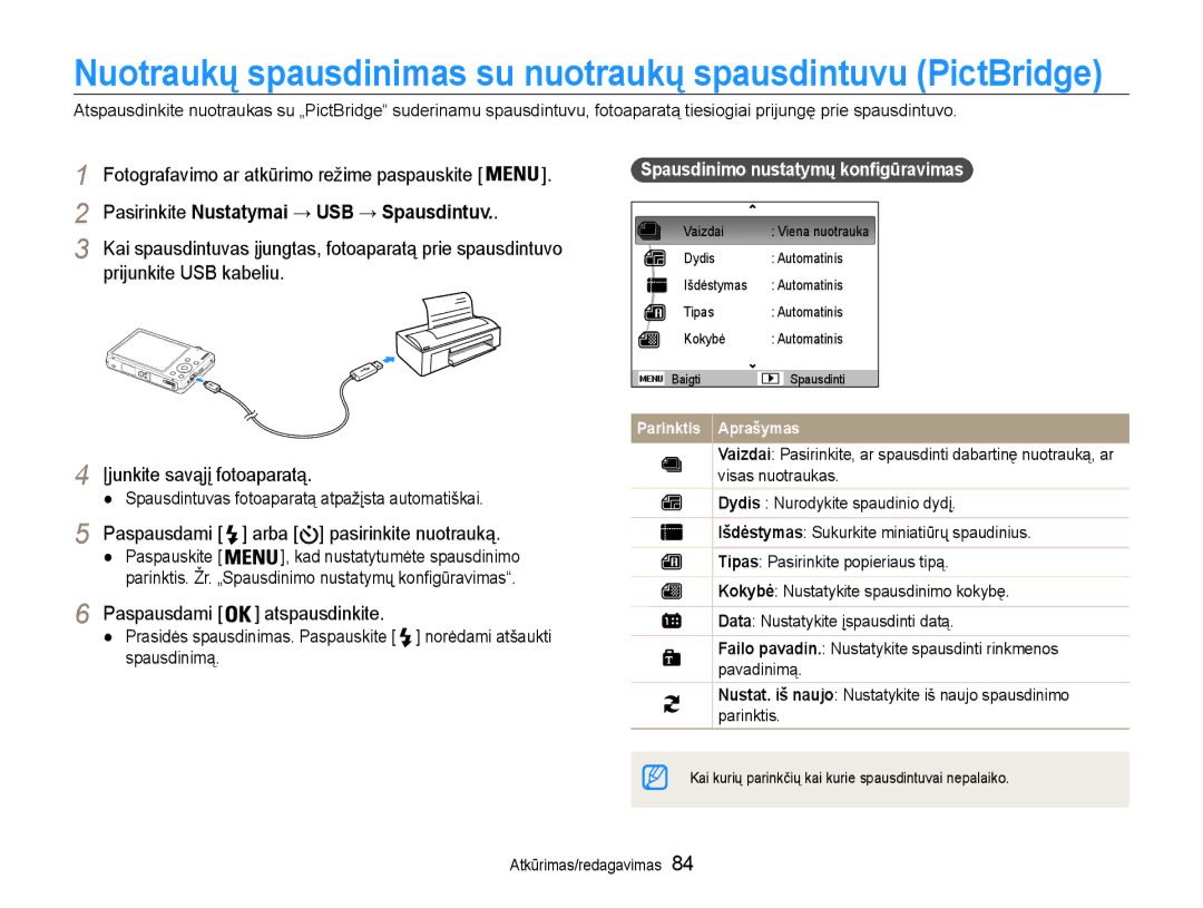 Samsung EC-ST93ZZBPSE2, EC-ST93ZZBPBE2 Pasirinkite Nustatymai → USB → Spausdintuv, Paspausdami arba pasirinkite nuotrauką 