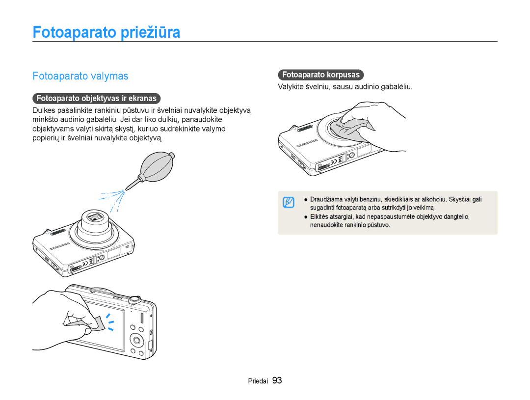 Samsung EC-ST93ZZBPSE2 Fotoaparato priežiūra, Fotoaparato valymas, Fotoaparato objektyvas ir ekranas, Fotoaparato korpusas 