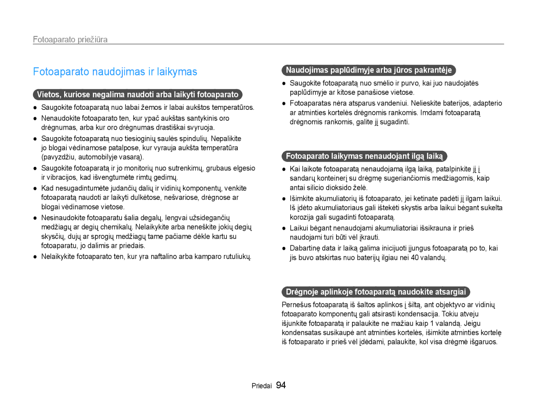 Samsung EC-ST93ZZBPRE2, EC-ST93ZZBPBE2, EC-ST93ZZBPSE2 manual Fotoaparato naudojimas ir laikymas, Fotoaparato priežiūra 