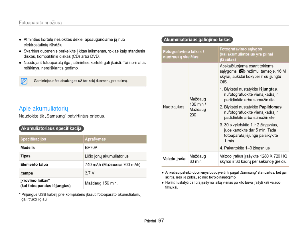 Samsung EC-ST93ZZBPRE2 manual Apie akumuliatorių, Akumuliatoriaus specifikacija, Ličio jonų akumuliatorius, Maždaug 150 min 